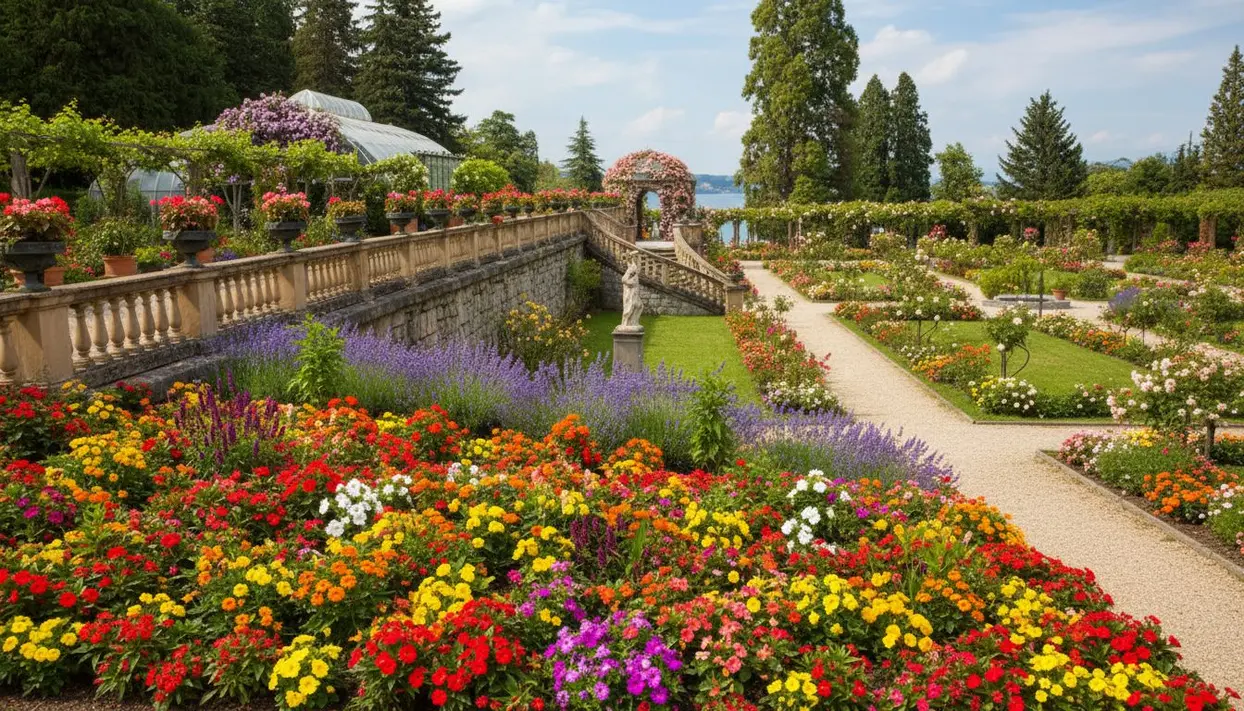 Giardino fiorito con aiuole colorate, vialetti curati e varietà di fiori in piena fioritura