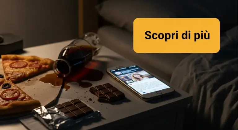 Cibi come pizza, cioccolato e bibite su un comodino vicino al letto