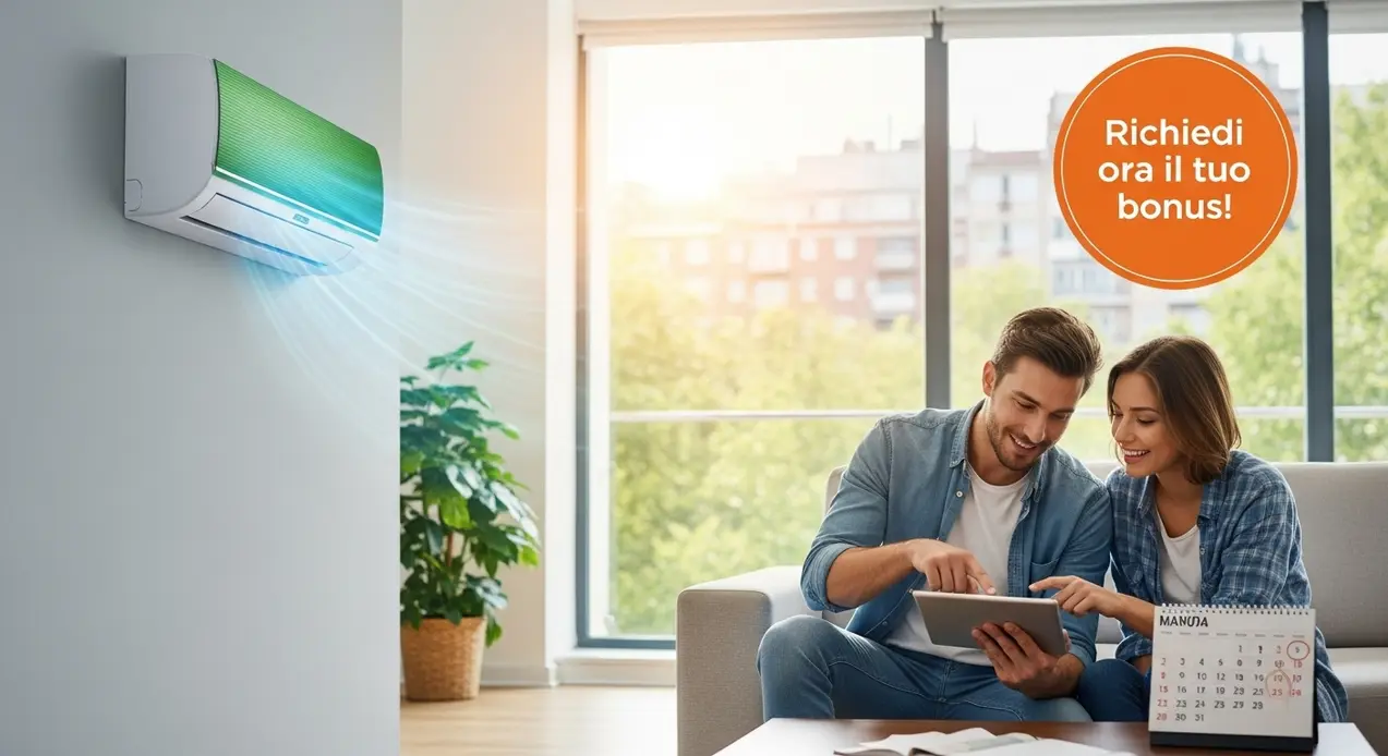 Coppia seduta su un divano consulta un tablet sotto un condizionatore acceso