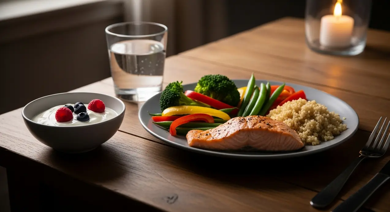 Piatto con salmone, quinoa e verdure, accanto a yogurt con frutti di bosco e un bicchiere d'acqua