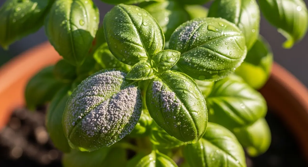 Foglie di basilico con cenere e gocce di rugiada in un vaso all'aperto