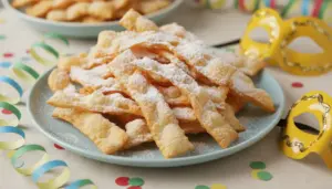 Piatto con chiacchiere di Carnevale spolverate di zucchero a velo