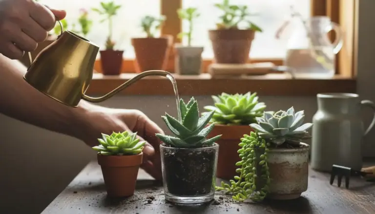 Una persona innaffia piante grasse in vaso con un annaffiatoio dorato vicino a una finestra.