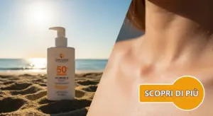 Flacone di crema solare SPF 50 sulla sabbia con il mare sullo sfondo e un primo piano di pelle esposta al sole