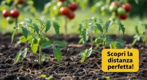 Giovani piante di pomodoro ben distanziate in un orto soleggiato