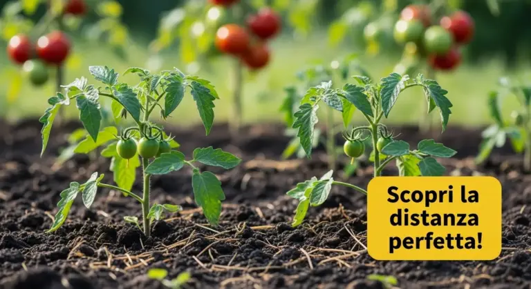 Giovani piante di pomodoro ben distanziate in un orto soleggiato