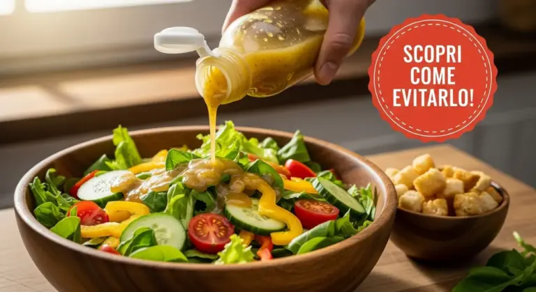 Condimento versato su un'insalata mista in una ciotola di legno con verdure fresche