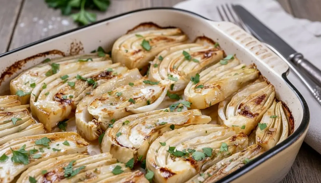 Finocchi al forno dorati in una teglia rettangolare, guarniti con prezzemolo fresco