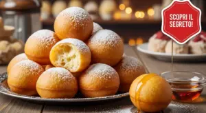 Frittelle di Carnevale soffici e gonfie spolverate di zucchero a velo su un piatto da portata.