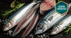 Varietà di pesce azzurro fresco con filetti su tavola di legno, decorati con sale e rosmarino