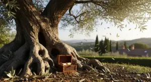 Un albero da giardino con un forziere aperto tra le radici, circondato da monete e olive cadute.
