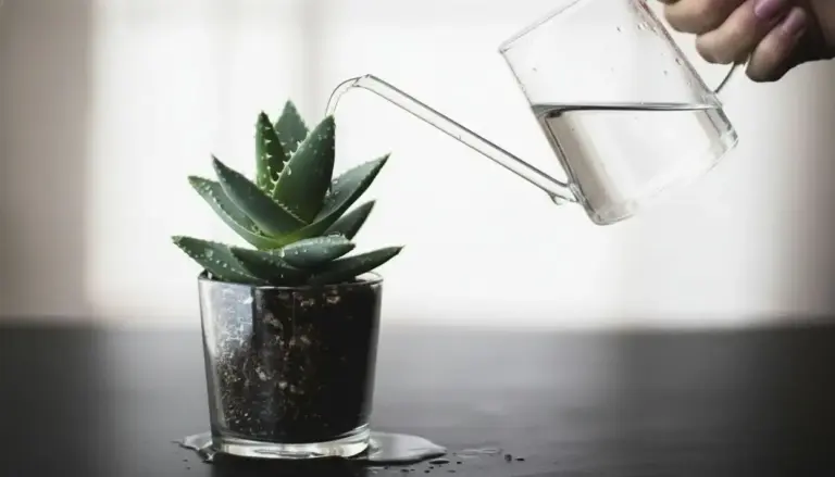 Una pianta grassa in vaso viene innaffiata con un annaffiatoio trasparente