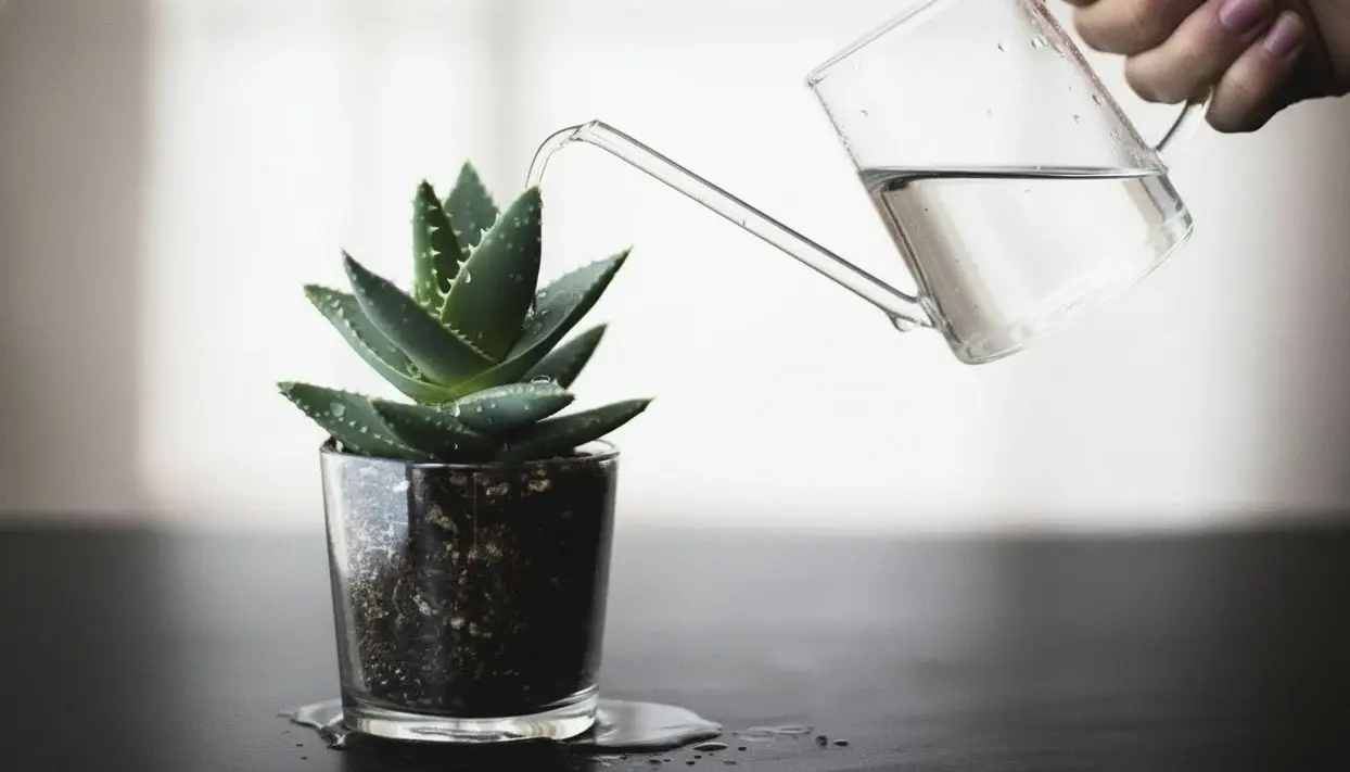 Una pianta grassa in vaso viene innaffiata con un annaffiatoio trasparente