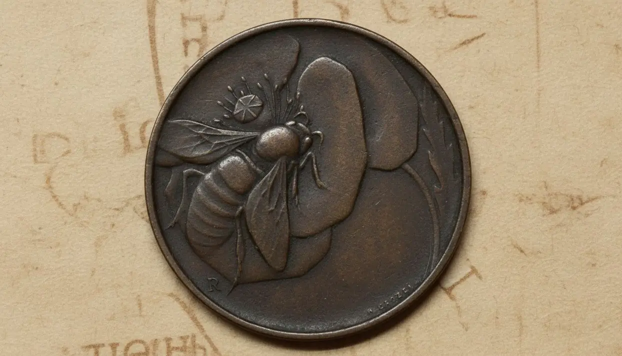 Moneta antica con raffigurazione di un'ape su fiore in rilievo
