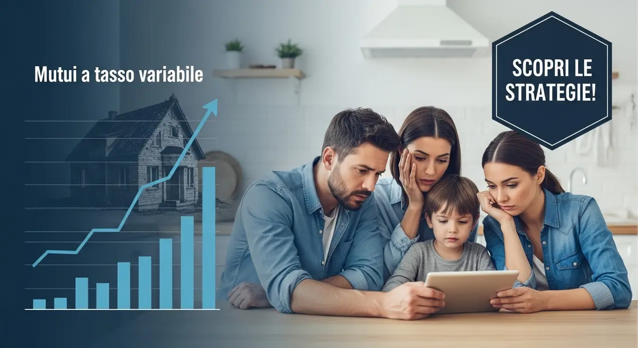 Famiglia seduta al tavolo che consulta un tablet, con grafico di aumento sullo sfondo