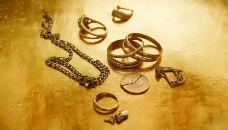 Gioielli in oro usato come anelli, collane e una moneta su sfondo dorato