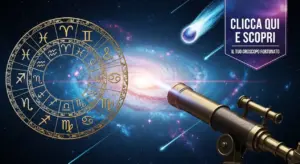 Illustrazione con simboli zodiacali e telescopio puntato verso una galassia luminosa