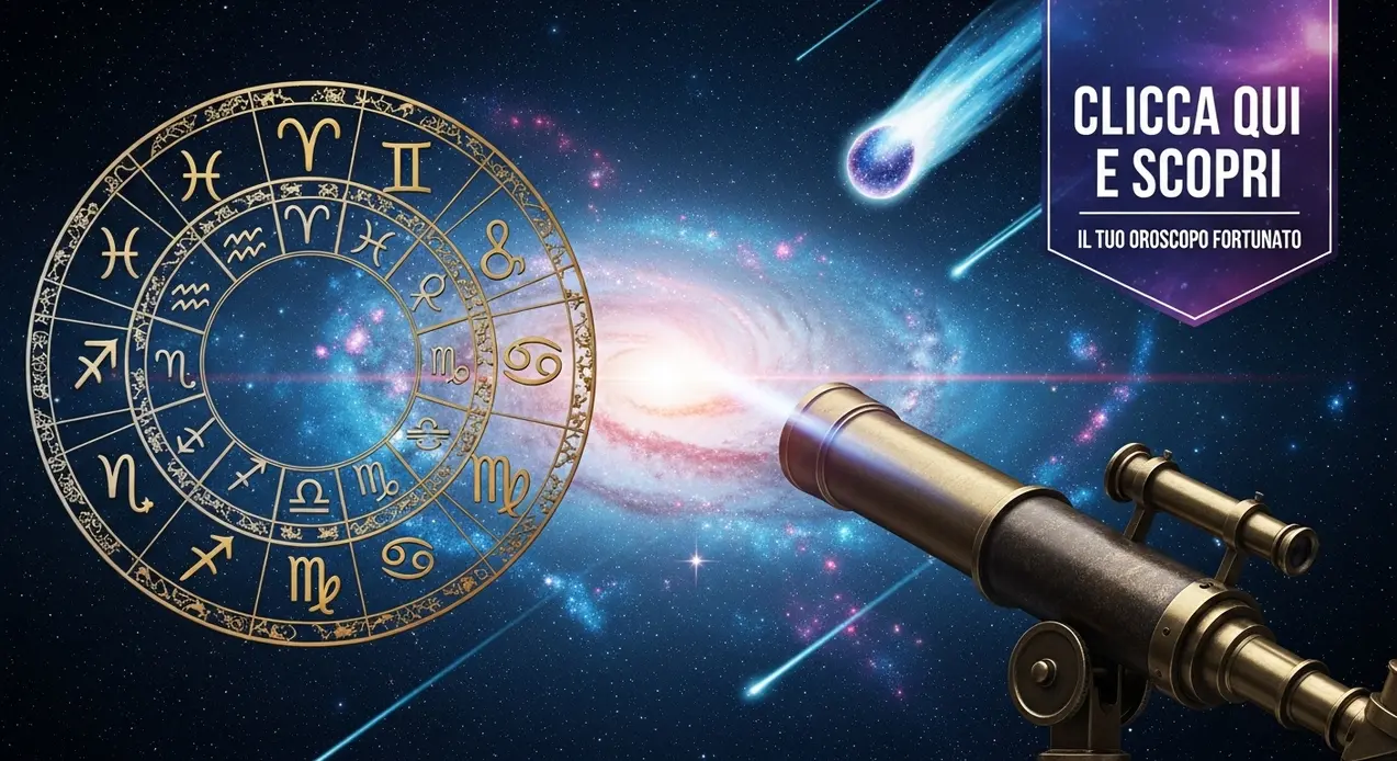 Illustrazione con simboli zodiacali e telescopio puntato verso una galassia luminosa