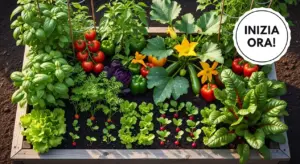 Orto rialzato ricco di ortaggi e verdure fresche coltivate in modo ordinato