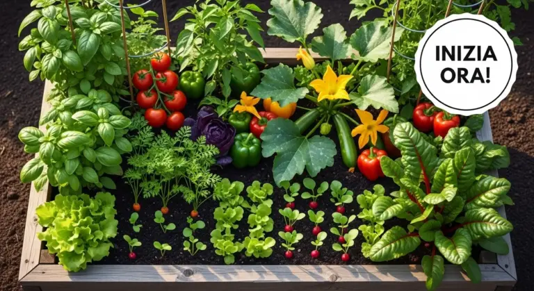 Orto rialzato ricco di ortaggi e verdure fresche coltivate in modo ordinato