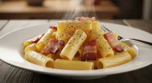 Piatto di pasta alla carbonara cremosa con guanciale e pepe nero
