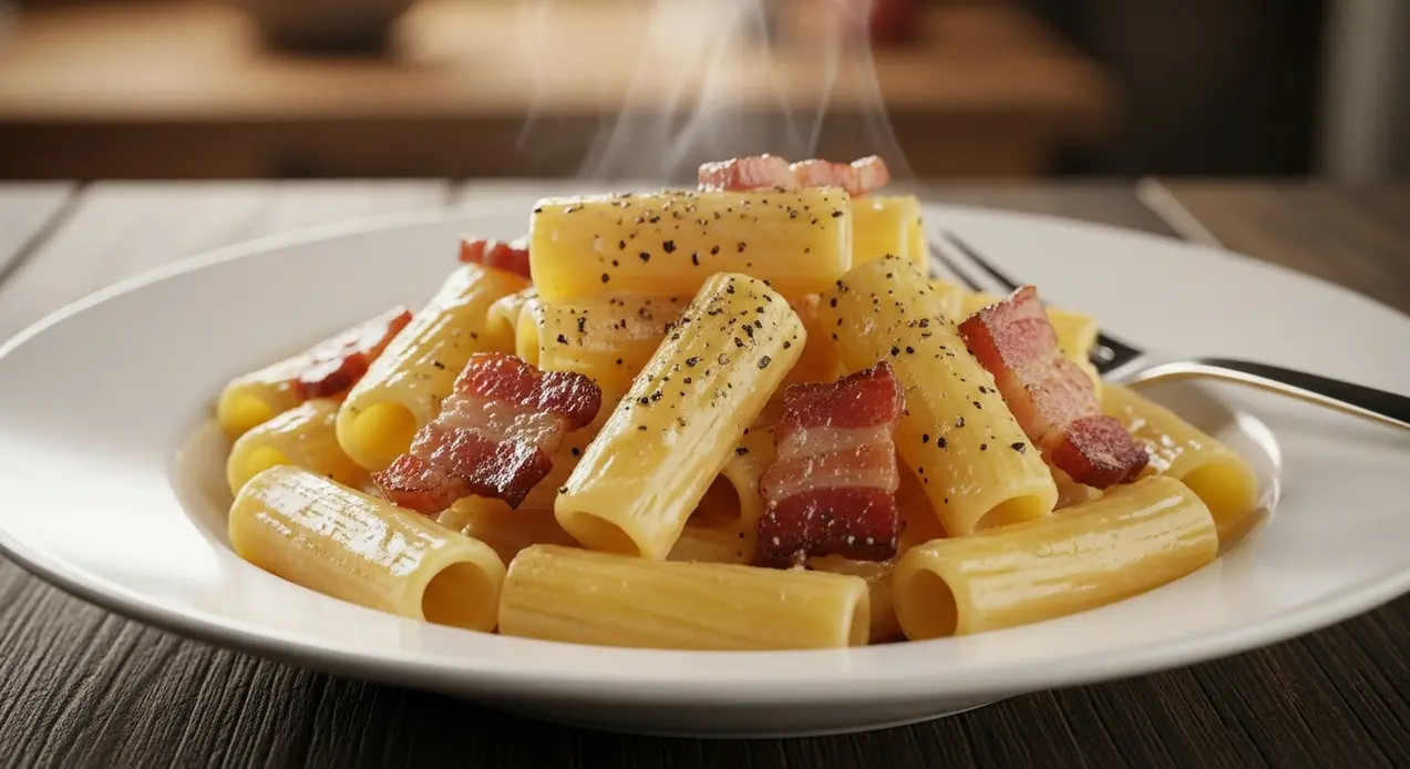 Piatto di pasta alla carbonara cremosa con guanciale e pepe nero