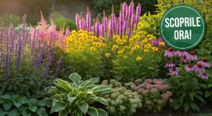 Colorata aiuola con piante perenni in fiore in un giardino curato