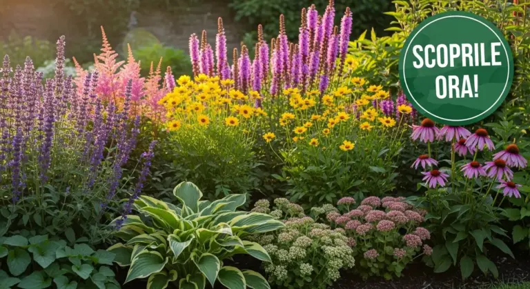 Colorata aiuola con piante perenni in fiore in un giardino curato