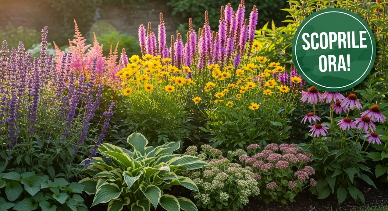 Colorata aiuola con piante perenni in fiore in un giardino curato