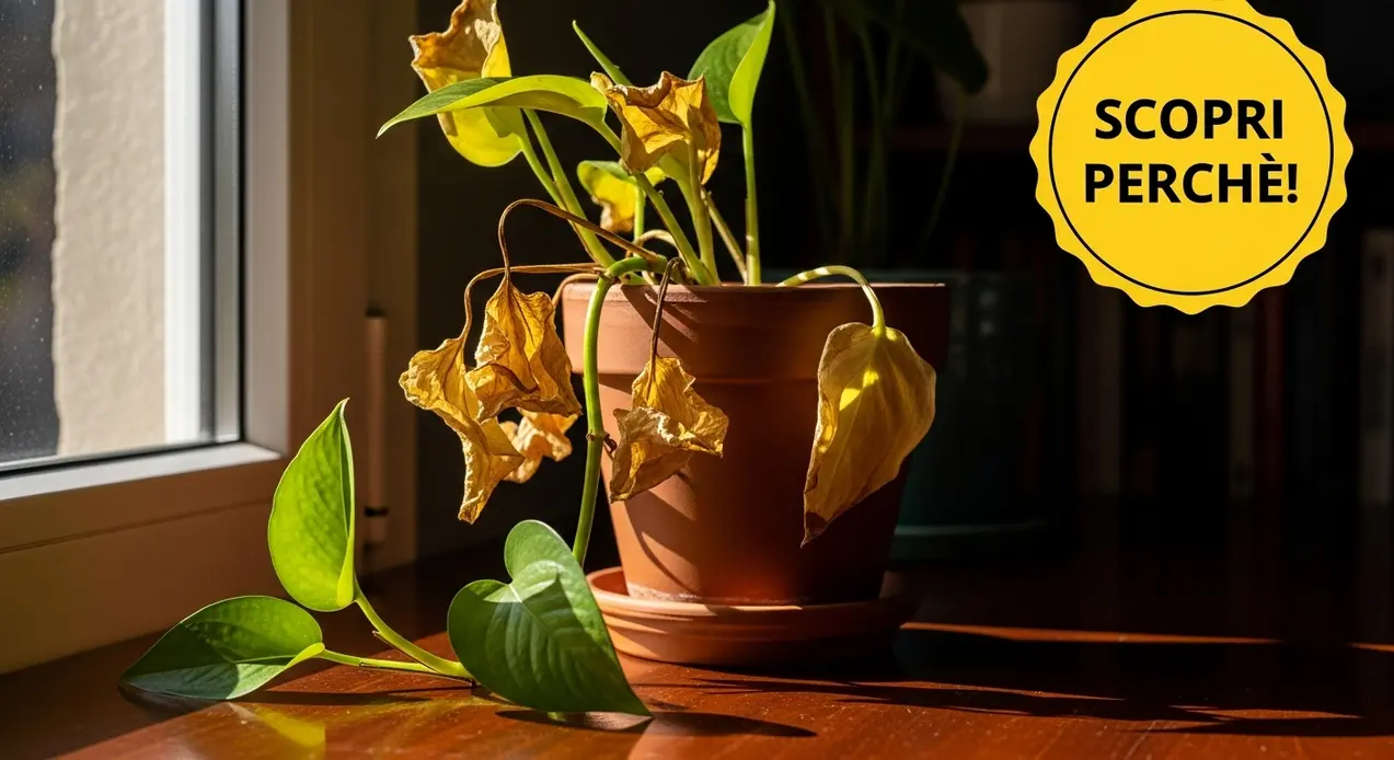 Pianta di pothos in vaso con foglie ingiallite vicino a una finestra