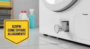 Sportello del filtro lavatrice aperto con fuoriuscita d'acqua sul pavimento