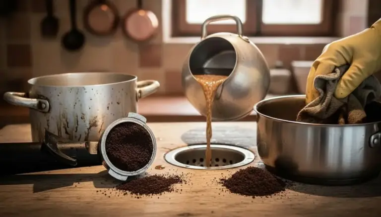 Fondi di caffè usati per pulire una pentola in acciaio vicino a un lavandino
