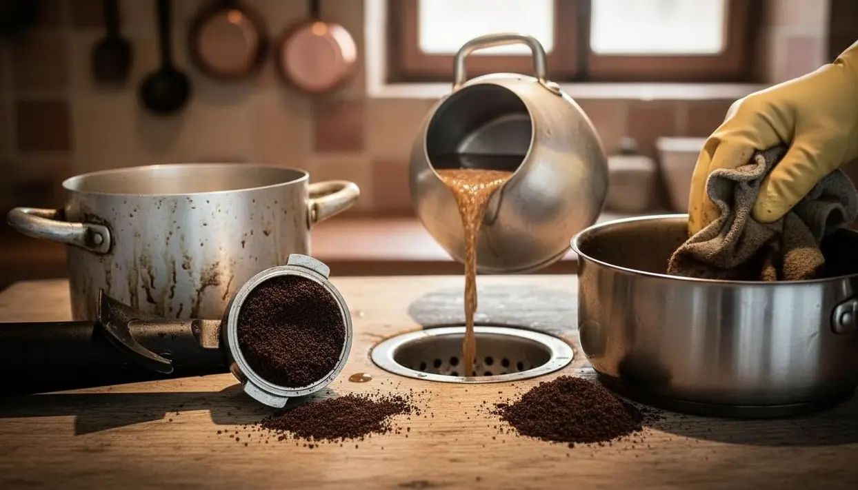 Fondi di caffè usati per pulire una pentola in acciaio vicino a un lavandino