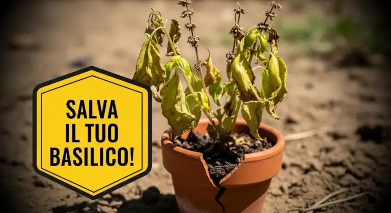 Pianta di basilico appassita in un vaso di terracotta rotto su terreno secco