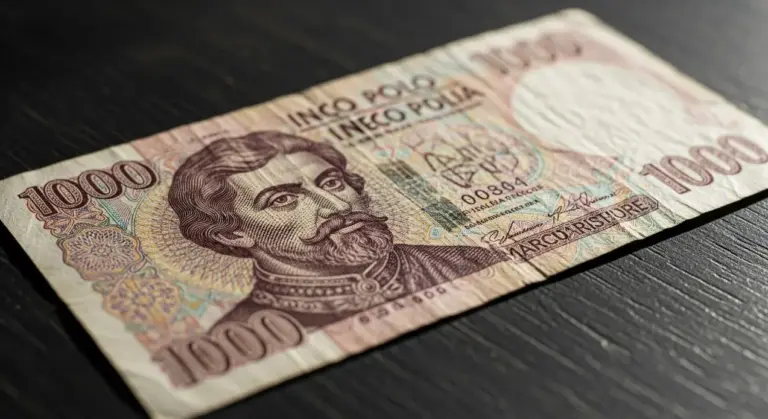 Banconota da mille lire italiana con ritratto maschile su sfondo scuro