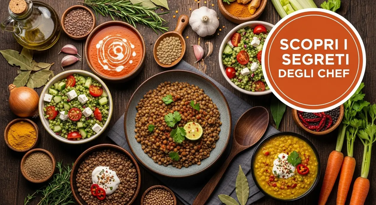 Varie preparazioni a base di lenticchie con spezie, verdure e legumi su un tavolo rustico