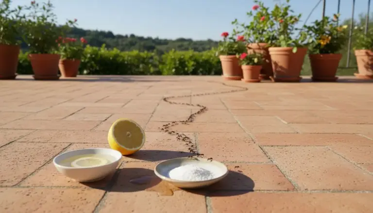 Formiche su un terrazzo avvicinate a una ciotola con limone e una con polvere bianca