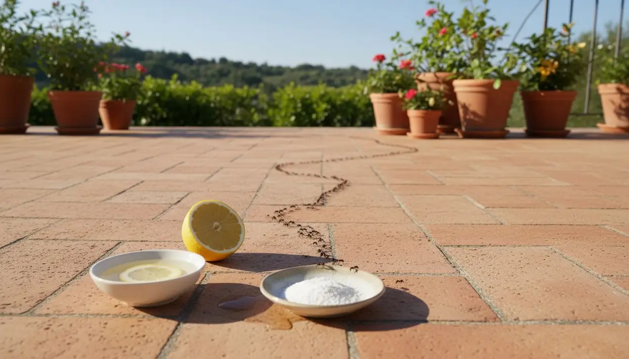 Formiche su un terrazzo avvicinate a una ciotola con limone e una con polvere bianca