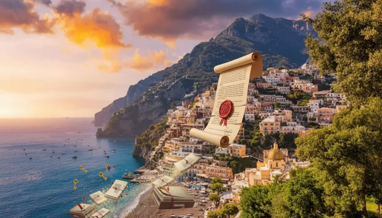 Documento ufficiale con sigillo rosso fluttua sopra una città costiera italiana al tramonto