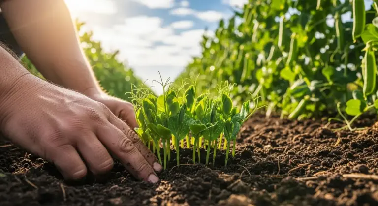 Mani che curano giovani piantine di piselli in un orto soleggiato