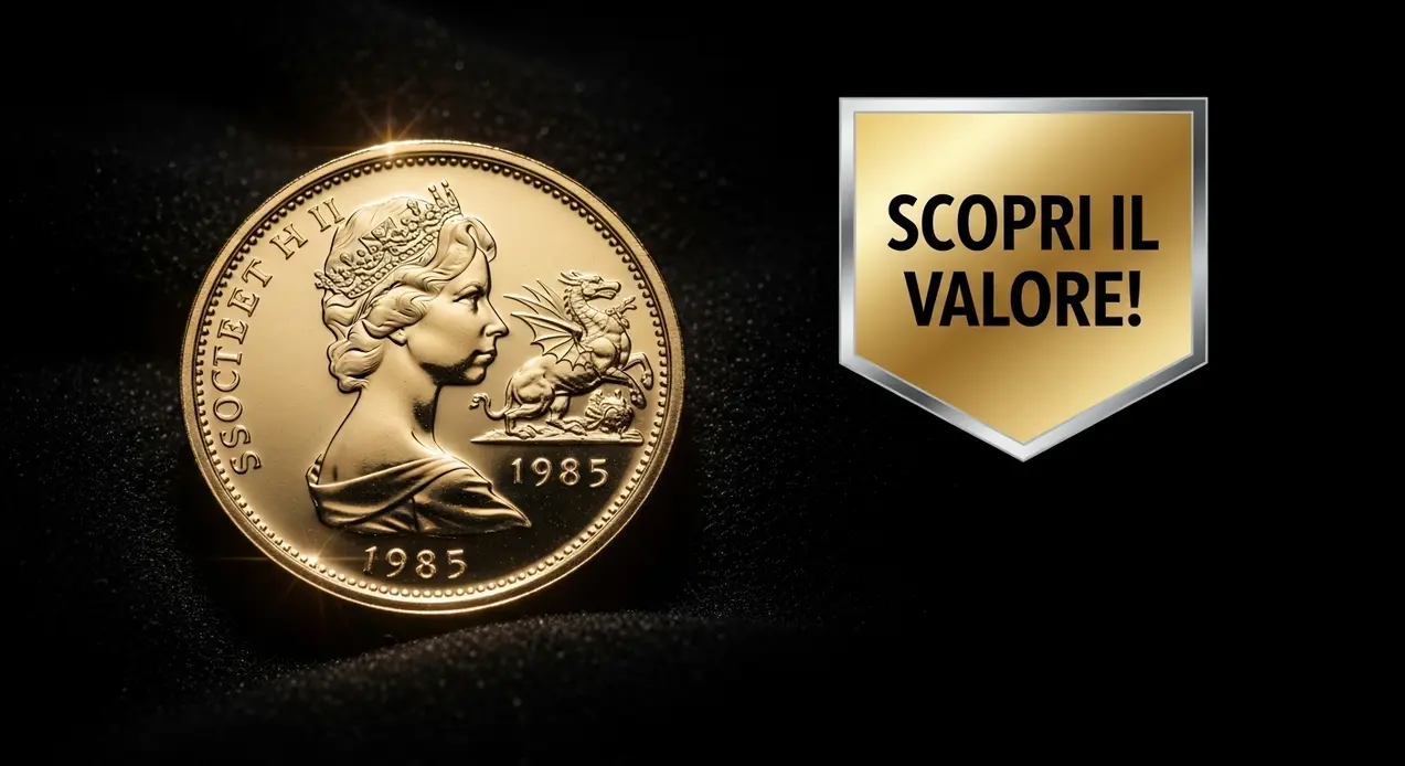 Moneta d'oro del 1985 con profilo femminile e drago su sfondo nero