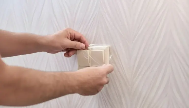 Mani che applicano una pellicola trasparente su un interruttore della luce