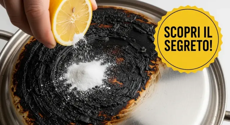 Pentola con fondo bruciato mentre viene pulita con limone e bicarbonato