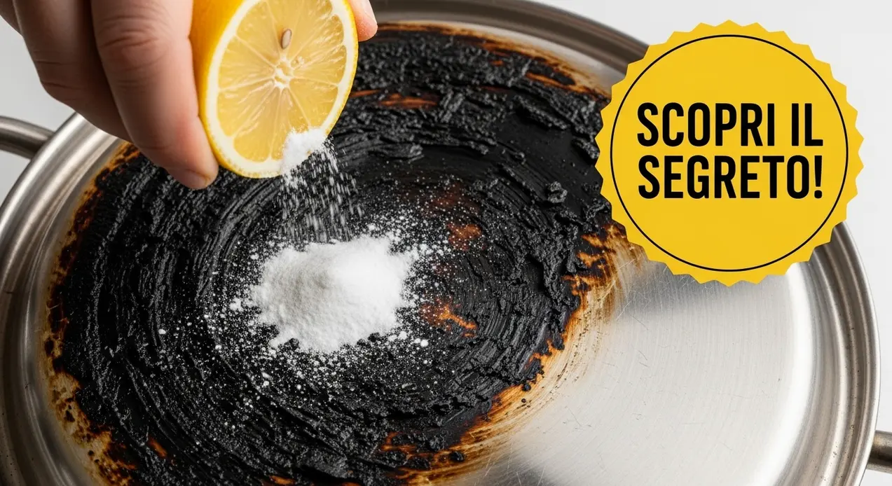 Pentola con fondo bruciato mentre viene pulita con limone e bicarbonato