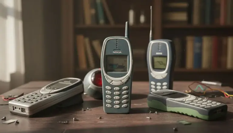 Vecchi telefoni cellulari vintage su un tavolo in legno con sfondo sfocato di libri.