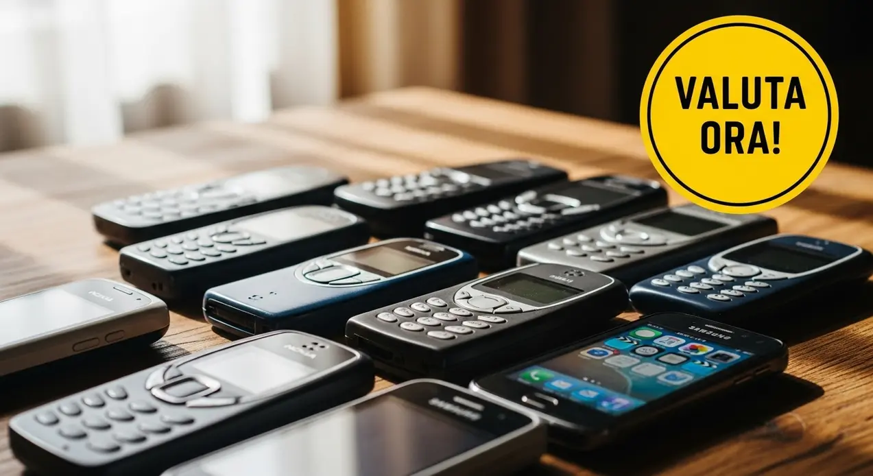 Vecchi modelli di cellulari disposti su un tavolo in legno illuminato dalla luce naturale