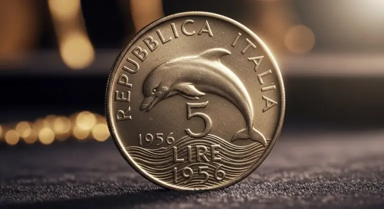 Moneta italiana da 5 lire del 1956 con delfino in primo piano