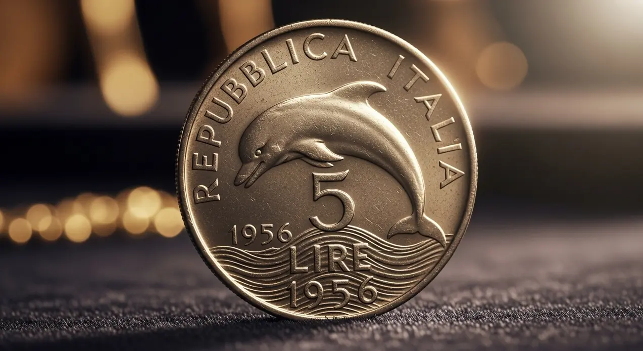 Moneta italiana da 5 lire del 1956 con delfino in primo piano