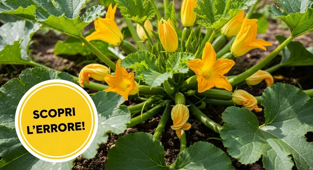 Pianta di zucchina con molti fiori gialli ma senza frutti visibili